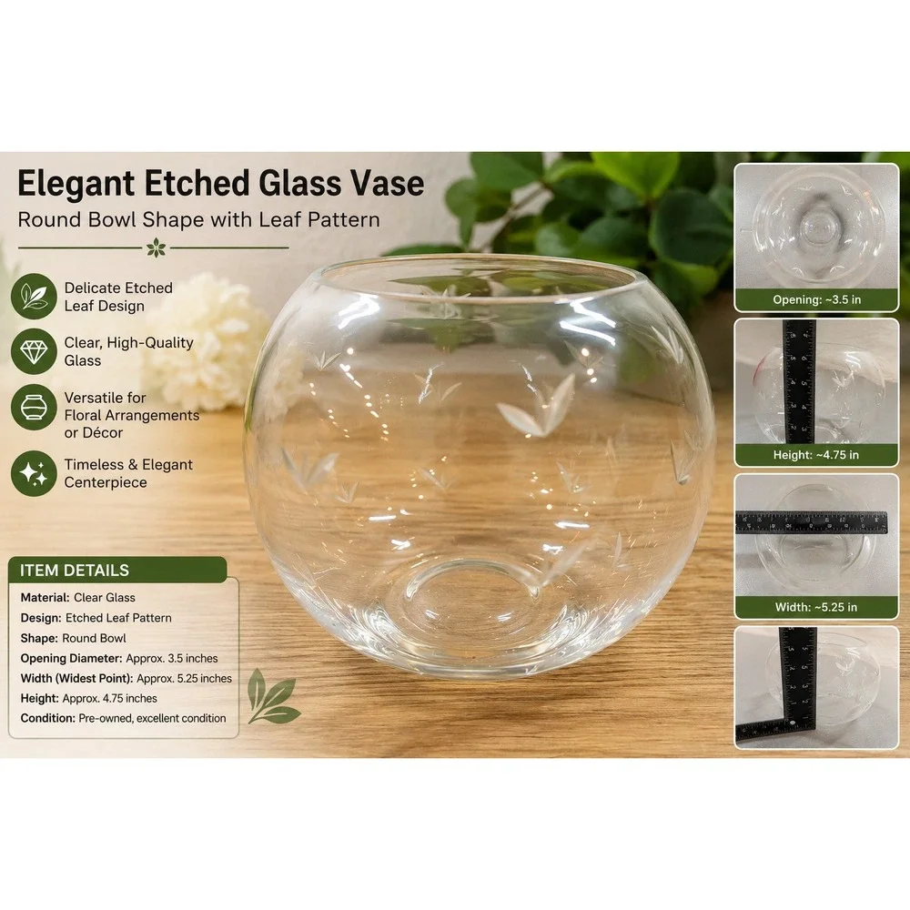 Vintage Etched Glass Rose Bowl Round Clear‎ Vase Wheat Leaf Pattern 4 Inch